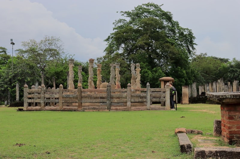 The circular Vatadage relic house with concentric stone columns and carved moonstones